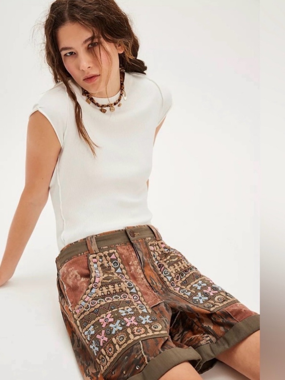 Free People One More Night Bohemian Patchwork Shorts Embellished Pockets Large